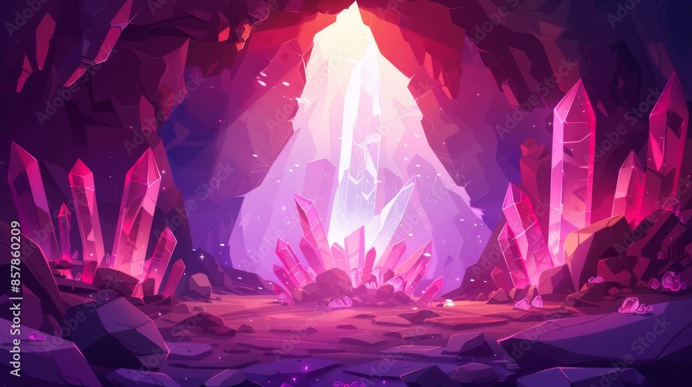 Modern illustration of a cave interior with a magic portal and ruby crystals. A cavern in the mountain or underground dungeon has a fantasy teleport in a stone arch, red mineral stones on its walls Modern illustration of a cave interior with a magic portal and ruby crystals. A cavern in the mountain or underground dungeon has a fantasy teleport in a stone arch, red mineral stones on its walls