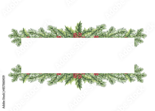 Pine tree branch with holly in vintage. Spruce Fir twigs green. Hand drawn watercolor illustration isolated. Christmas frame. Winter plant for New Year design. Template for invitation, print, card.
