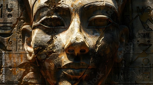Weathered Stone Carving of Mysterious Egyptian Deity with Moody Chiaroscuro Lighting and Abstract Expressionist Brushwork
