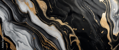 Beautiful ink and gold marbling, black, ivory, gold