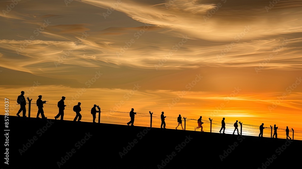 Silhouettes of children running towards a setting sun with a barbed wire fence in the foreground Silhouettes of children running towards a setting sun with a barbed wire fence in the foreground