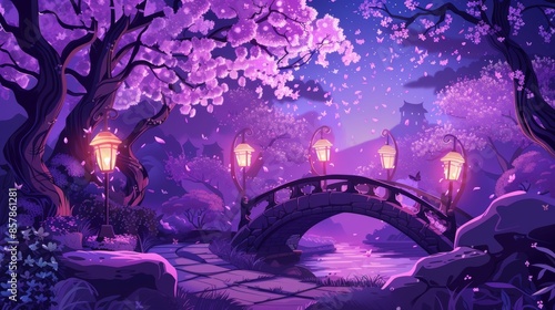 A top view of a Japanese city park scene with blooming sakura trees on a stone bridge crossing a river or lake at night followed by what appears to be street lamps. Cartoon dusk modern garden scene