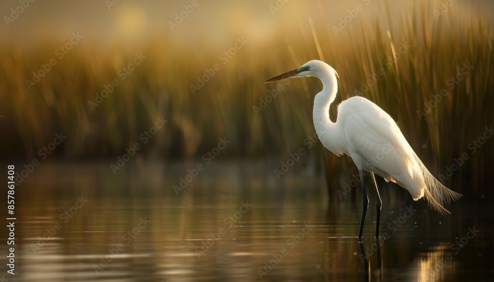 Fototapeta premium Serene scene of a white heron standing in calm water with tall grasses in the background during golden hour.