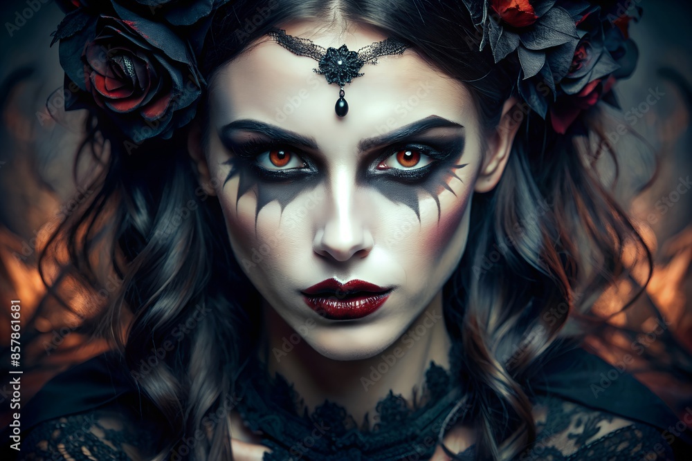 Obraz premium Gothic woman with intense makeup, Halloween dark mood