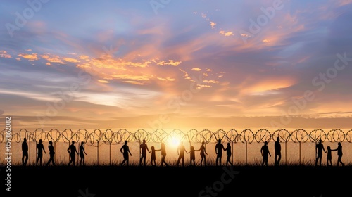 Silhouettes of children running towards a setting sun with a barbed wire fence in the foreground © lililia