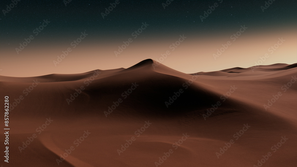Undulating Sand Dunes form a Scenic Desert Landscape. Sunrise Background with Warm Gradient Starry Sky. Undulating Sand Dunes form a Scenic Desert Landscape. Sunrise Background with Warm Gradient Starry Sky.