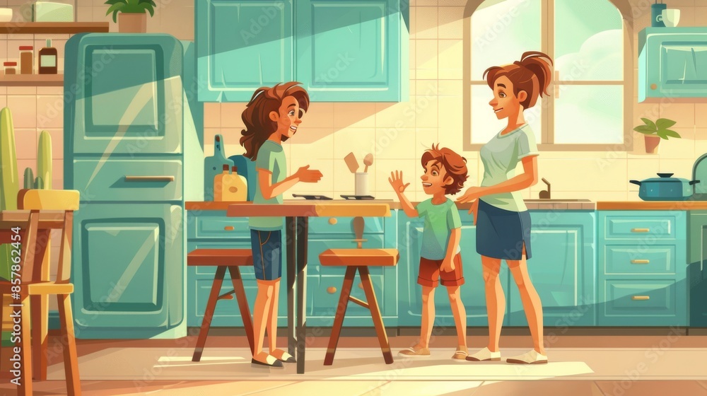 Children and young women talking in the kitchen with their mother. Cartoon modern kitchen interior with furniture and equipment under daylight. Children and young women talking in the kitchen with their mother. Cartoon modern kitchen interior with furniture and equipment under daylight.