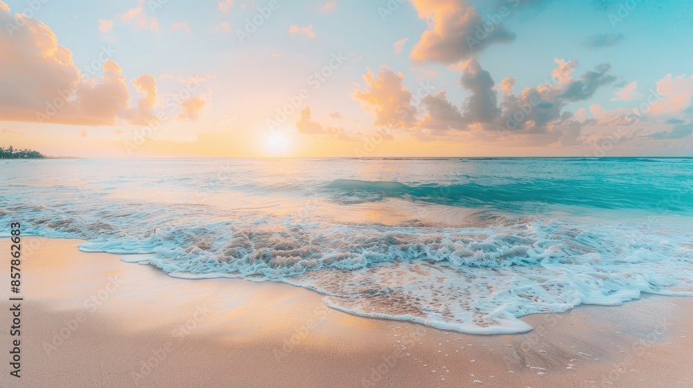 Fototapeta premium Beautiful golden sand beach with sunlight and wave in sunset time