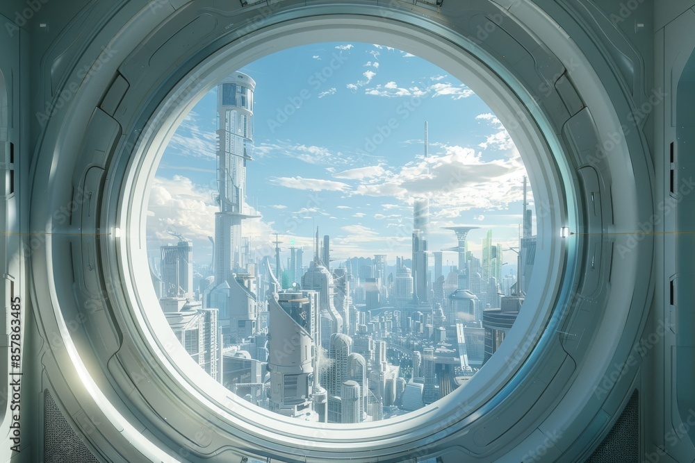 Stock AI tunnel with holographic displays and a dystopian cityscape in the distance Stock AI tunnel with holographic displays and a dystopian cityscape in the distance