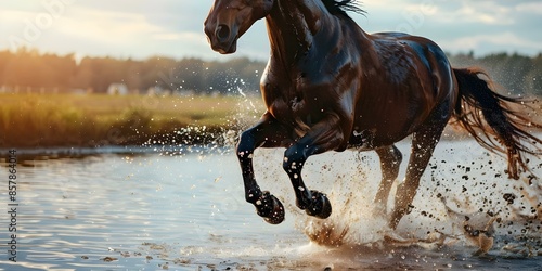 Water droplets on horse running towards camera by waterfront. Concept Action Photography, Nature Portraits, Animal Close-Ups, Waterfront Shots, Dynamic Movement photo