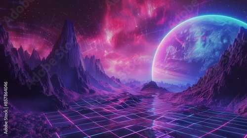 Vintage cyberpunk illustration, neon nightscape background, abstract retro sci-fi grid 80's and 90's.