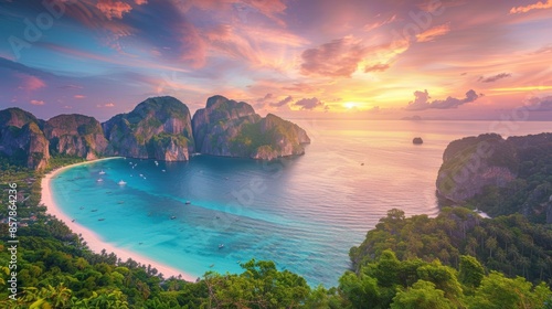 A picturesque backdrop of the Phi Phi Islands and Khao Yai National Park in Thailand, showcasing turquoise seas, pristine white beaches, lush tropical forests, and a colorful sunset sky, perfect for photo