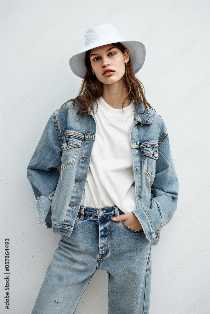 Aesthetic fashion magazine photo. Model in stylish jeans outfit. Ideal concept for social media, fashion bloggers. Aesthetic fashion magazine photo. Model in stylish jeans outfit. Ideal concept for social media, fashion bloggers.