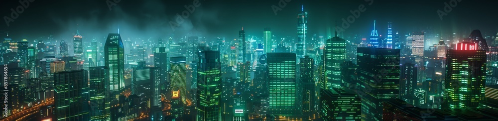Modern skyline with LED lights and advanced skyscrapers. Night scene. Modern skyline with LED lights and advanced skyscrapers. Night scene.