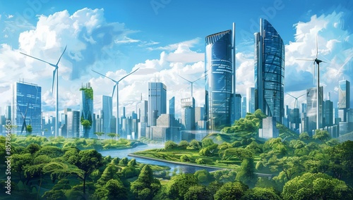 Illustration of the solarpunk green future with stock artificial intelligence photo