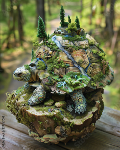 miniature ancient turtle with a lush ecosystem on its shell, intricate details of a vibrant forest and flowing river photo