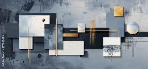 Three abstract posters in gold frames with geometric shapes
