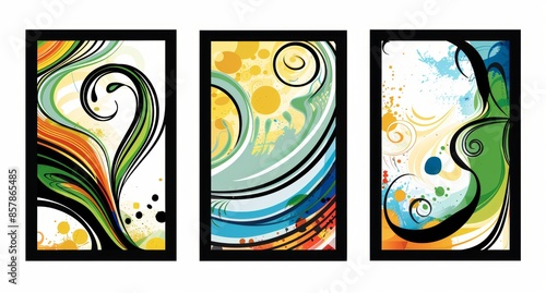 Featuring bright colors and abstract patterns in three vertical banners