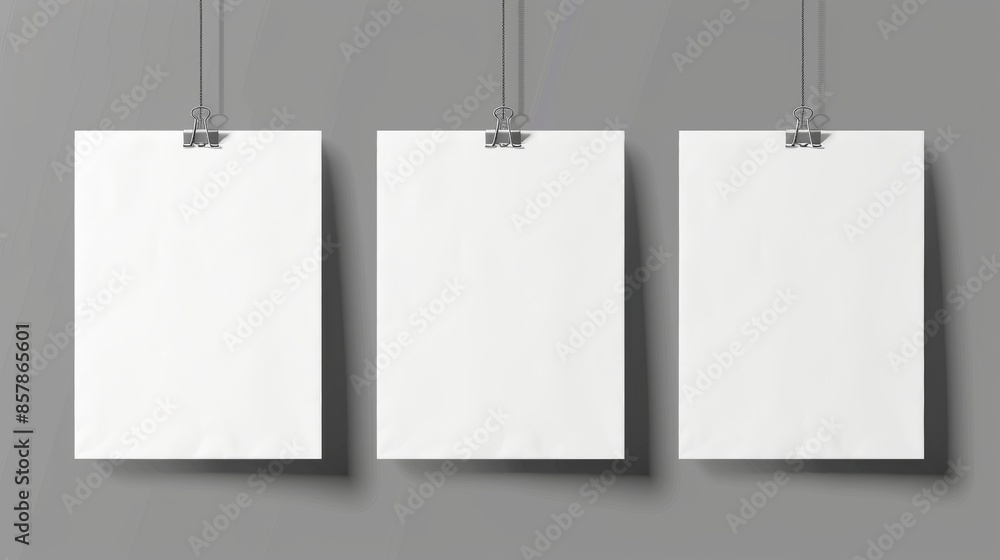 Binder clips hold white paper sheets crossed by creases on a clipboard, along with a folded poster. Binder clips hold white paper sheets crossed by creases on a clipboard, along with a folded poster.