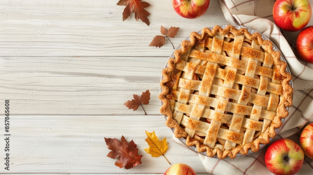 A freshly baked apple pie with a lattice crust sits on a white wooden table, surrounded by apples and a pie server A freshly baked apple pie with a lattice crust sits on a white wooden table, surrounded by apples and a pie server