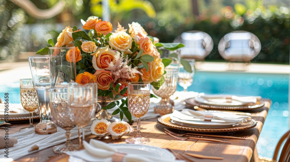 A dining table with floral arrangements by the pool. Set for a special occasion, celebration or party. Invitation, greeting card, postcard, banner, poster. A dining table with floral arrangements by the pool. Set for a special occasion, celebration or party. Invitation, greeting card, postcard, banner, poster.