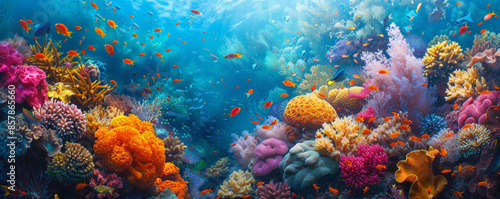 A vibrant coral reef teeming with marine life, its colors as diverse as the creatures that inhabit it.