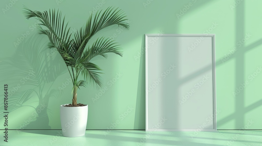With a copy space and a green background, this poster frame mockup setting features a simple, monochromatic shade of green, a solitary plant, and a solitary square frame. With a copy space and a green background, this poster frame mockup setting features a simple, monochromatic shade of green, a solitary plant, and a solitary square frame.