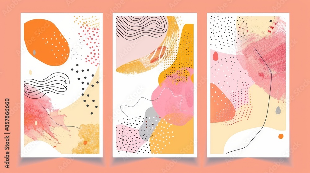 Decorative art illustration framed with three sets on white background with a minimalistic style and modern geometric style. Stock. Decorative art illustration framed with three sets on white background with a minimalistic style and modern geometric style. Stock.