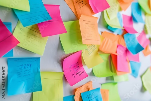 Abstract background pattern of blank sticky notes, colorful empty blank sticky notes pasted on an office notice board, blank note paper with colorful notes on it photo