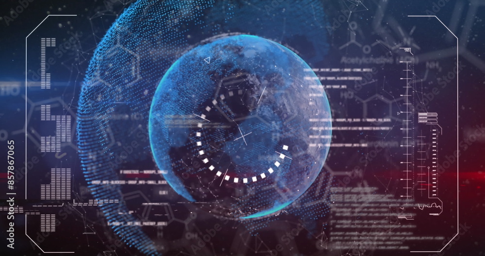 Image of globes with connected dots and screens with computer language and molecular structure Image of globes with connected dots and screens with computer language and molecular structure