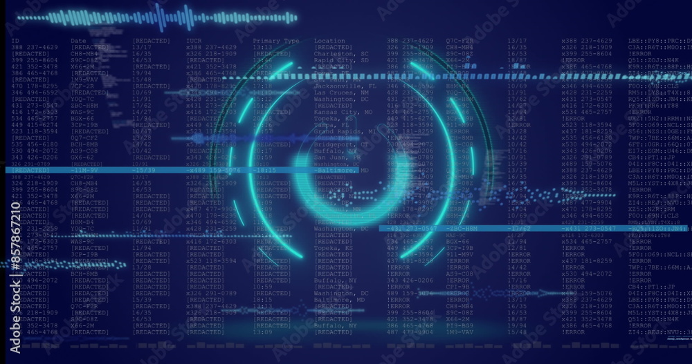 Image of neon round scanner and light trails over data processing on blue background Image of neon round scanner and light trails over data processing on blue background
