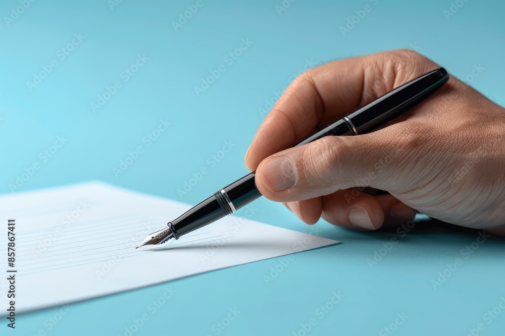 A hand touches a black pen on a yellow background with three white paper sheets on the bottom of the screen, A hand touches a black pen on a yellow background with three white paper sheets on the bottom of the screen,