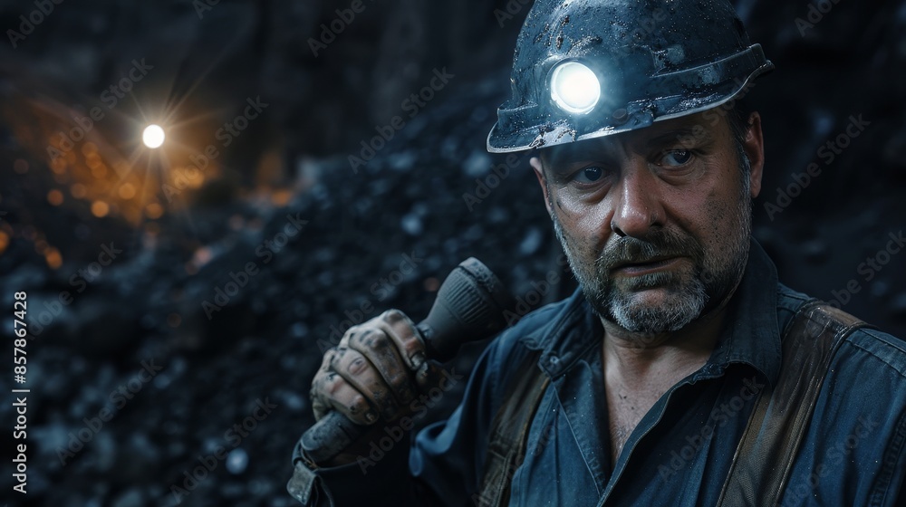 Hard work, industrial labor concept, miner with helmet and headlamp. Hard work, industrial labor concept, miner with helmet and headlamp.