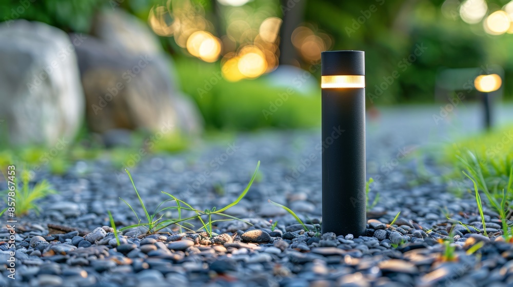 Studio lighting for a vivid look at a sleek LED outdoor light post in a beautifully landscaped rockery garden, residential garden setting Studio lighting for a vivid look at a sleek LED outdoor light post in a beautifully landscaped rockery garden, residential garden setting