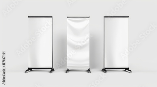 The background of this set of 3D advertising stands is white. It contains a variety of advertising equipment, banner mockups, and a pop-up poster.