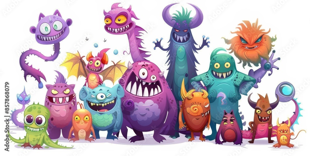 Fototapeta premium Happy cartoon monsters, colored watercolor isolated on white, isolated on a white background