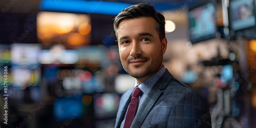 Male TV presenter reporting news on technology war business and entertainment. Concept Technology, War, Business, Entertainment, Male TV Presenter Male TV presenter reporting news on technology war business and entertainment. Concept Technology, War, Business, Entertainment, Male TV Presenter