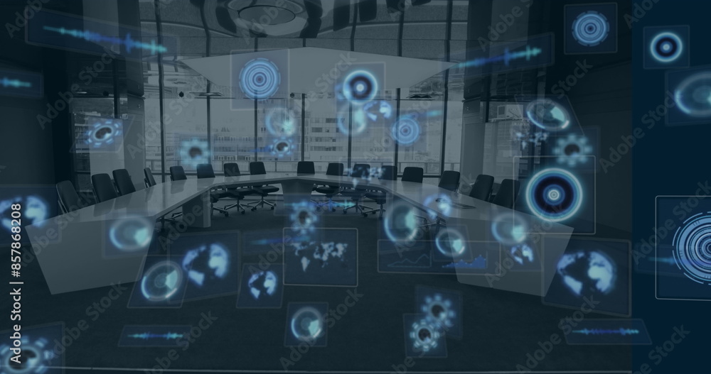 Image of multiple round scanners and data processing against empty office Image of multiple round scanners and data processing against empty office
