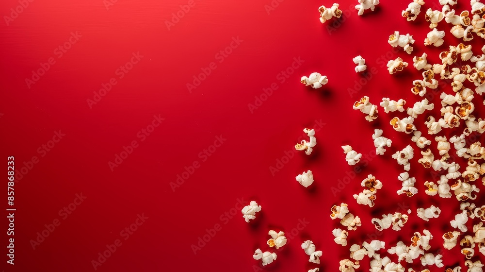 A vertical top view red background with popcorn makes the perfect backdrop for movie ads and captions A vertical top view red background with popcorn makes the perfect backdrop for movie ads and captions