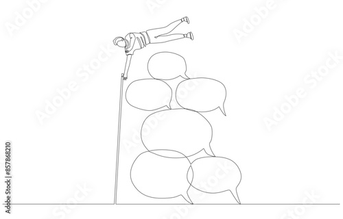 Continuous one line drawing of young man jumping pole vault over pile of speech bubbles, overcoming negative criticism concept, single line art.