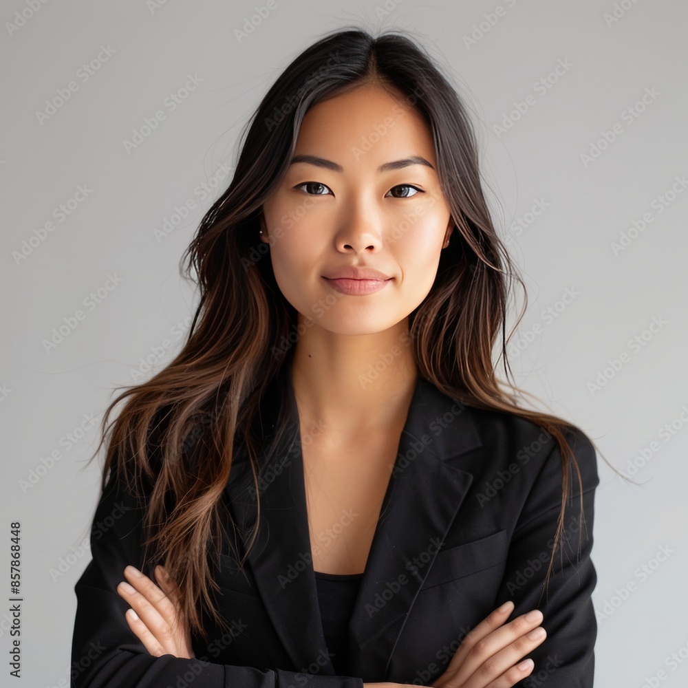 A woman in a black suit is smiling for the camera A woman in a black suit is smiling for the camera