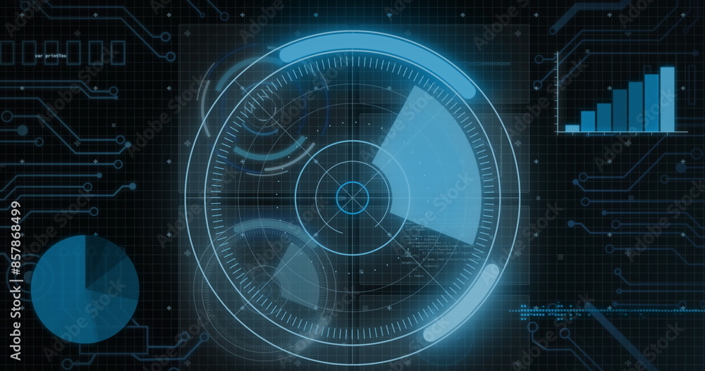 Image of round scanner scanning over interface with data processing against black background Image of round scanner scanning over interface with data processing against black background