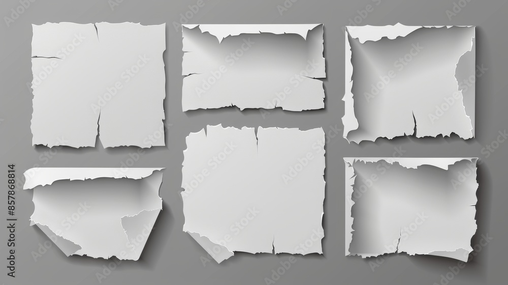 Torn paper sheet isolated on grey background. Modern illustration of ripped blank white pages with uneven edges. Damaged document or photography mockup, broken agreement. Torn paper sheet isolated on grey background. Modern illustration of ripped blank white pages with uneven edges. Damaged document or photography mockup, broken agreement.