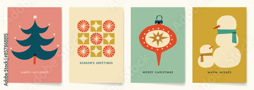 Retro Modern Christmas Card Designs with hand drawn illustrations and paper cutouts. Whimsical illustrations for Winter Holidays in retro pastel colors.