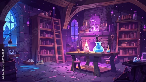 An abandoned potions shop interior with dust and cobwebs on the furniture. Modern illustration of an empty dark room with a couldron in an old stone oven, a wooden desk with books, expired potion
