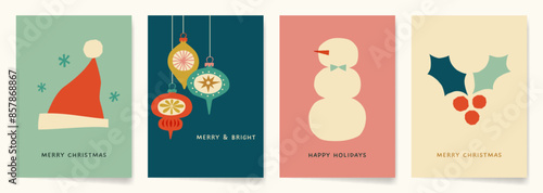 Retro Modern Christmas Card Designs with hand drawn illustrations and paper cut outs. Whimsical illustrations for Winter Holidays in retro pastel colors.