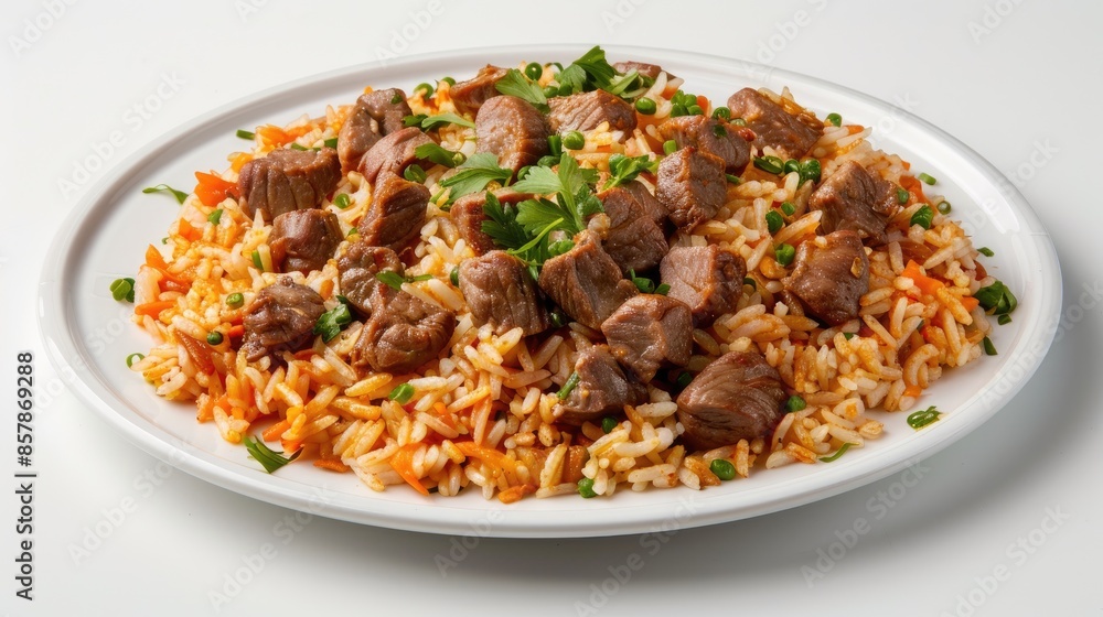 A plate of white rice topped with diced beef and green onions A plate of white rice topped with diced beef and green onions