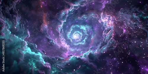 Mesmerizing purple and teal spiral galaxy with vibrant clouds and sparkling stars in the universe.