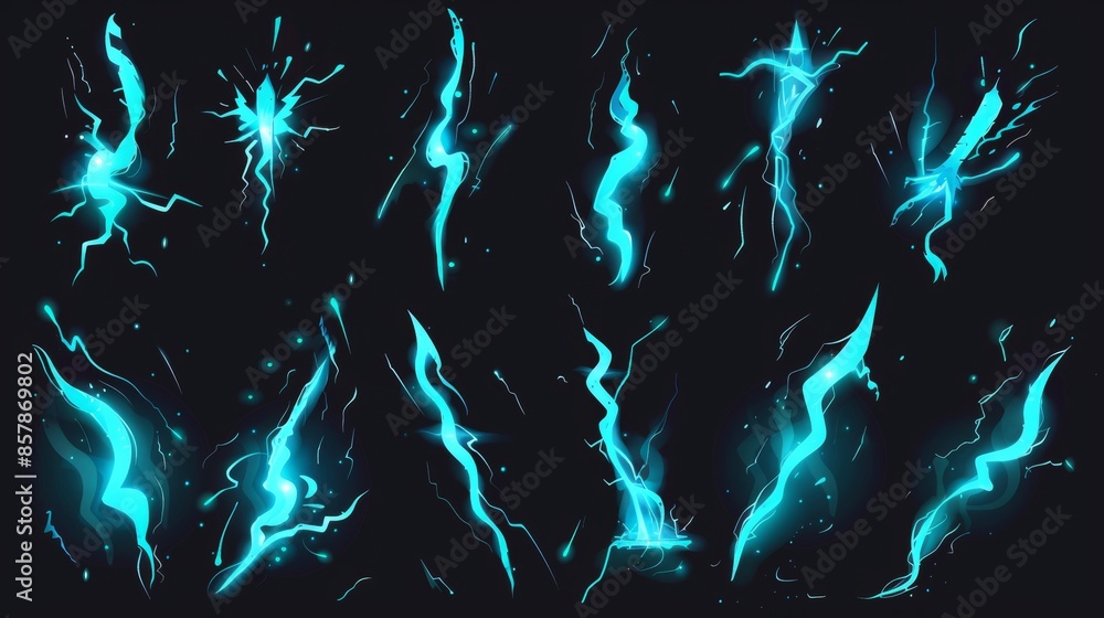 Obraz premium Electric ball with lightning - circle bolt explosion effect. Blue and purple energy flash or thunder storm light. Modern illustration set of electricity power plasma with flare and flame.