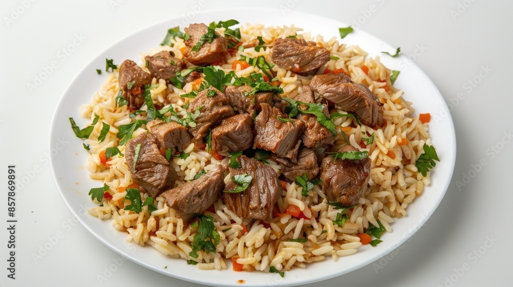 A plate of white rice topped with diced beef and green onions A plate of white rice topped with diced beef and green onions